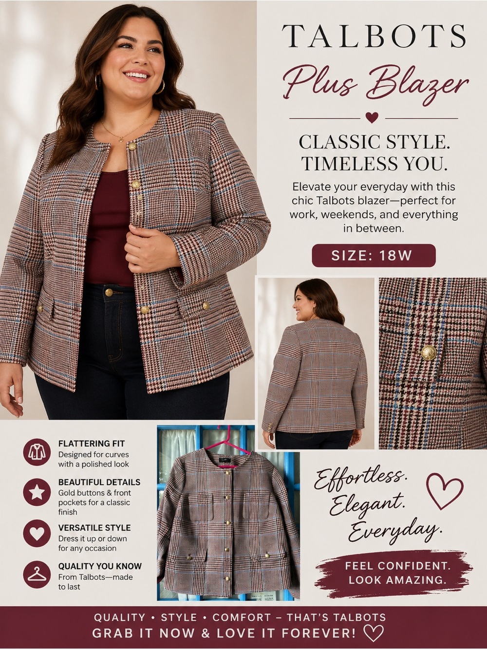 Talbots Brown Glen Plaid Collarless Jacket with Gold Buttons Sz 18W